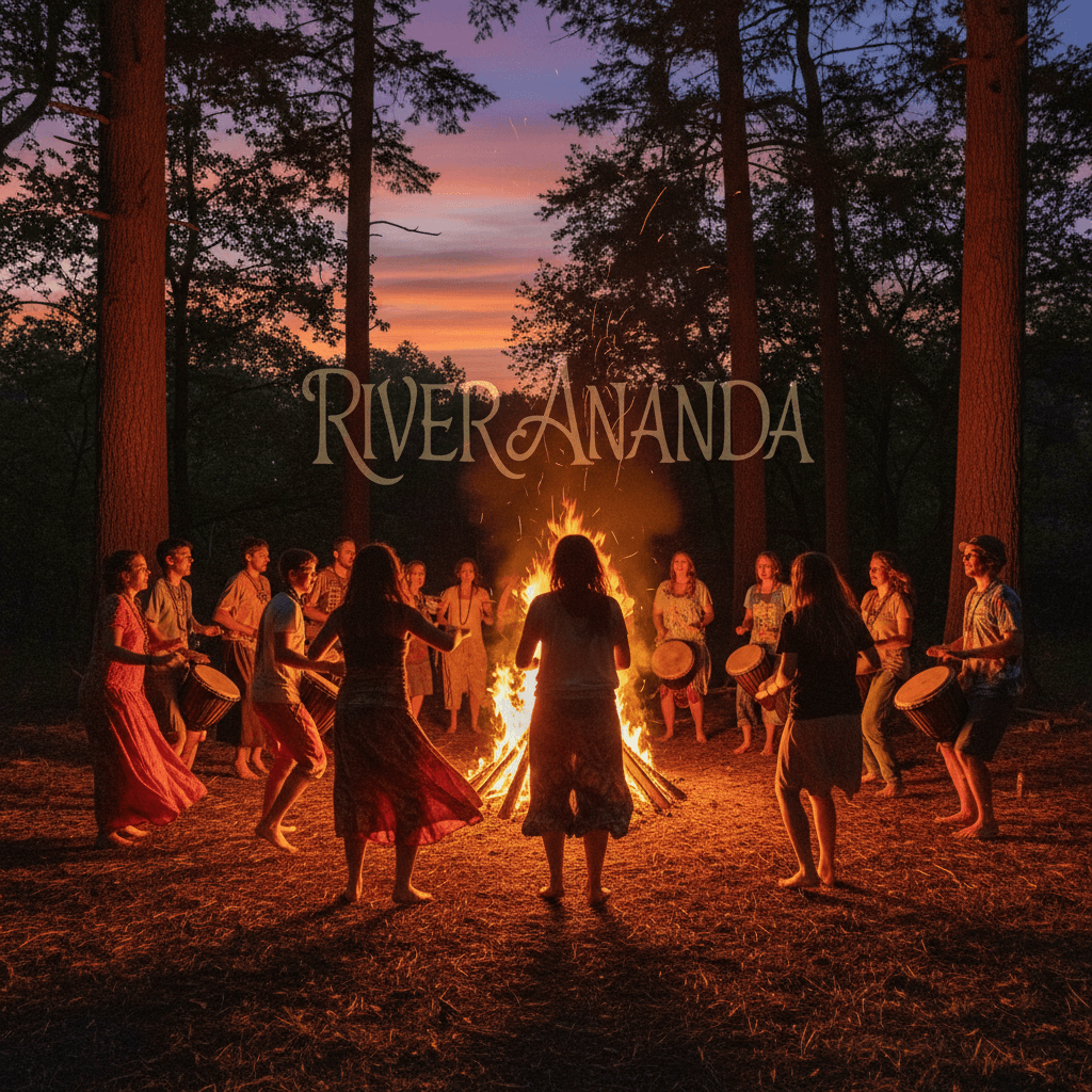 Diverse group enjoying a drum circle and dancing around a bonfire in a forest at sunset.