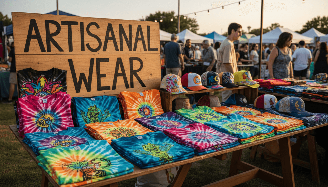 Colorful custom t-shirts and hats displayed on a wooden table at a creative market stall