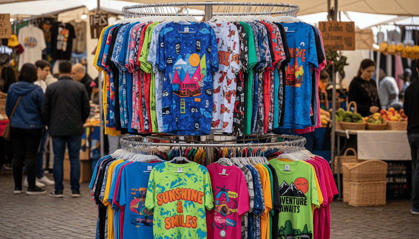 Colorful custom t-shirts hanging on a rack at a local market