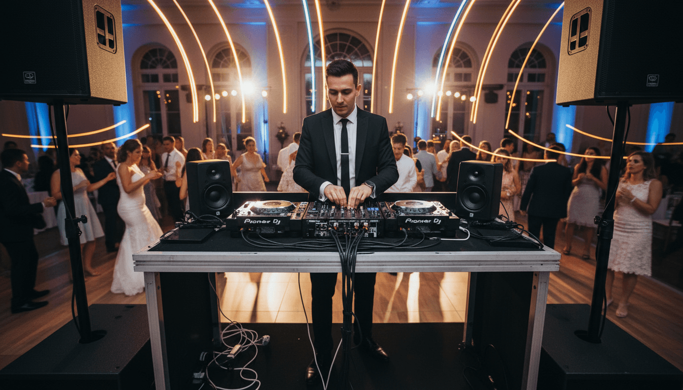 Creative professional DJ mixing music at vibrant event with colorful lighting
