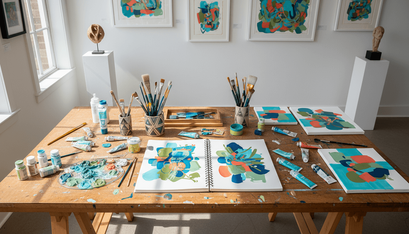 Creative workspace in Saugatuck with art supplies and instruments