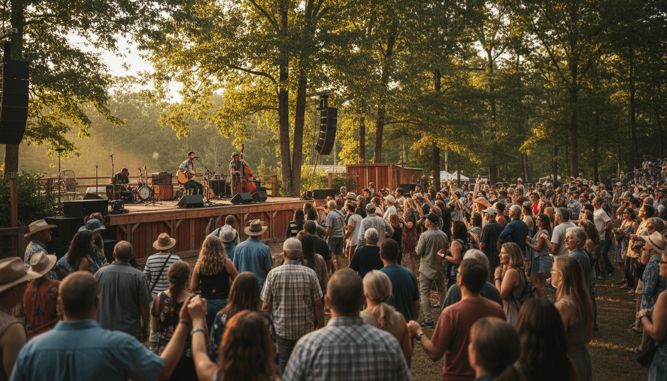 Group of people playing hand drums together at an outdoor community event