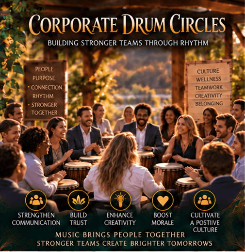 Diverse professionals playing drums in a circle outdoors for a corporate team-building event.