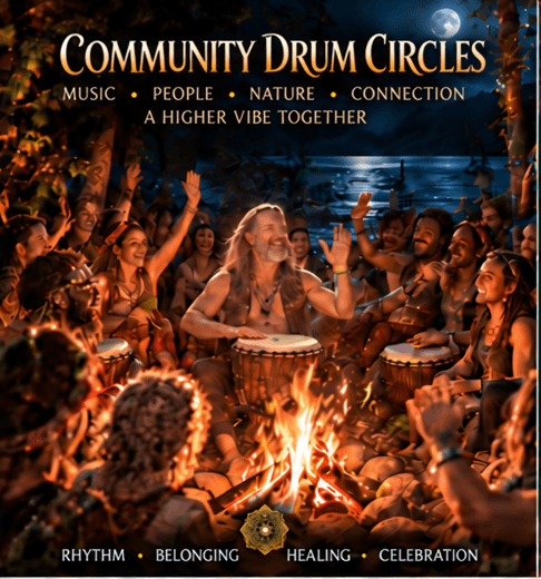 Diverse people playing drums around a campfire at night for a community drum circle event.