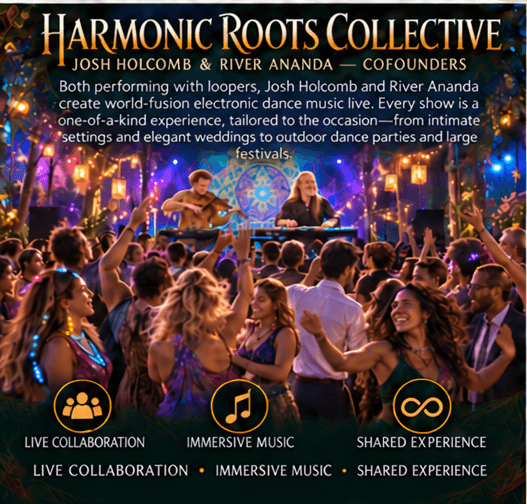 Harmonic Roots Collective performing world-fusion electronic dance music for a dancing outdoor crowd.