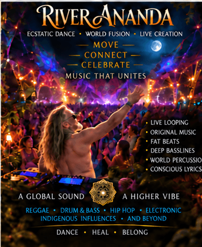 River Ananda poster featuring a DJ performing at a vibrant, glowing outdoor night festival.