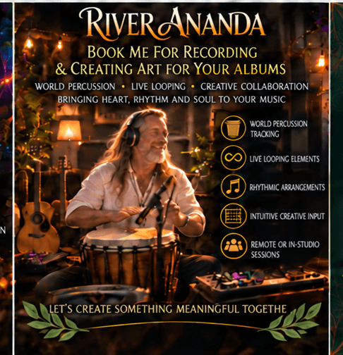 River Ananda playing percussion in a cozy studio, promoting recording, looping, and creative music services.